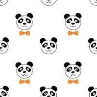 Seamless Cute panda face wearing bow tie, pet animal in cartoon style. Funny baby kids print. Vector illustration isolated on white background