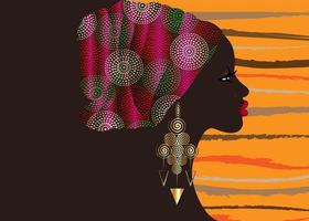 peinado afro, hermoso retrato de mujer africana en turbante de tela con estampado de cera, envoltura de cabeza colorida tribal étnica para cabello rizado afro, plantilla de pancarta, vector aislado en fondo naranja rayado