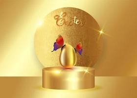 Easter gold podium and realistic golden egg with luxury colorful butterflies, Easter day platform for product display. stand to show cosmetic products. Stage podium, pedestal display luxury background vector