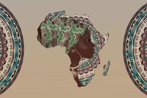 Banner of African woman, face profile silhouette with turban in the shape of a map of Africa. Colorful Afro print tribal logo design template. Vector illustration isolated on vintage background