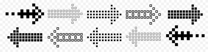 Pixel black arrows isolated. Digital pointers from filled and empty squares various shapes and vector directions