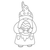 Funny gnome with an Easter egg. Doodle hand drawn illustration black outline. Great for greeting cards, coloring books vector