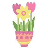 Spring flowers in a pot. Hand drawn flat vector illustration. Great for Easter greeting cards.