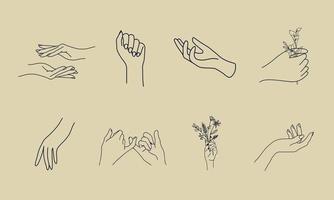 un conjunto de colecciones de iconos de mano de mujer en un estilo lineal mínimo. plantillas de diseño de logotipos vectoriales con diferentes gestos manuales, cristal. para cosmética, belleza, tatuaje, spa, femenino, joyería vector