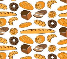 Seamless pattern of hand drawn bakery products, buns, pastry, croissants and wheat germ. vector