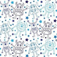 Cute monsters wirh stars. Funny cartoon alien seamless pattern. Hand drawn vector doodle design for girls, boys, kids. Hand drawn children's pattern for fashion clothes, shirt, fabric