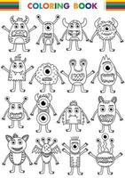 Vector set cute monsters. Funny line hand-drawn aliens for coloring pages. Bundle of decorative design elements. Flat vector illustration.