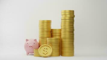representación 3d pila de monedas de dólar con hucha rosa sobre fondo blanco. idea para negocios financieros y ahorro de dinero. foto