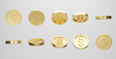 juego de monedas de oro con signo de dólar en forma diferente sobre fondo blanco. representación 3d foto