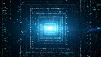 Digital tunnel of cyberspace with particles and Digital data, Technology network connections background concept. photo