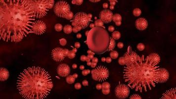 3d renderizar coronavirus, virus de la gripe o microorganismo. rápida multiplicación de la infección bacteriana. fondo de color rojo. foto