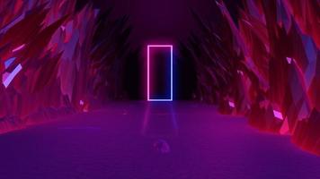 3d render of abstract background with neon light. On both sides of the road are polygon shaped stone bars. and a meteor shower from the sky photo