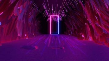 3d render of abstract background with neon light. On both sides of the road are polygon shaped stone bars. and a meteor shower from the sky photo