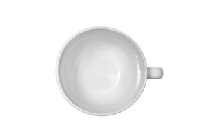 Top view of a clean white large mug for tea coffee on an isolated background with space for text. Copy space. Minimal style. Concept layout for labeling and drinks placement. Mockup. photo