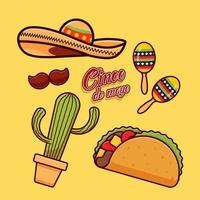 Mexican national symbols culture musical instruments souvenirs, taco and hat colorful illustration