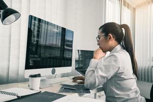 Asian female software developers are stressed in analyzing code-based systems. photo