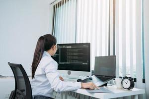 Woman asian software developers are analyzing together about the code written into the program on the computer in office room. photo