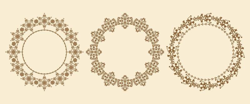 Patterned round frames. Collection of round damask patterns. Brown carved borders on a beige background. Vector illustration.