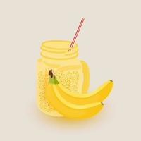 Banana smoothie glass jar on yellow background. Banana drink.Healthy organic vegan food. Natural organic nutrition. Fruit juice. Vector illustration.