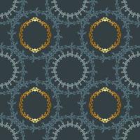 Elegant lace pattern of round ornaments. Seamless patterned blue background with gold. Vector illustration. Modern abstract color backdrop. Textile print.