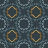 Elegant lace pattern of round ornaments. Seamless patterned blue background with gold. Vector illustration. Modern abstract color backdrop. Textile print.