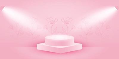 Abstract pink 3d background with an empty podium against the backdrop of floral outlines and soft lighting. Geometric scene for product presentation. Pink vector background banner.