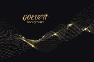 Sparkling glitter dust on black. Abstract wave of shiny gold particles on a dark background. Vector glow light effect. Glowing invitation template.