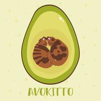 Cute green avocado with sleeping brown cats inside. Cartoon print for kids with avocado and cats.Cozy avocado and sleeping kittens in a flat style. Animal pattern. Vector illustration.