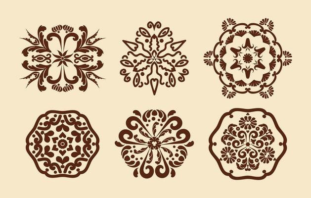 Floral patterns of mandalas. Mehndi pattern. Decorative texture. Brown, beige color. For the design of wall, menus, wedding invitations or labels, for laser cutting, marquetry.