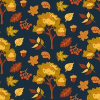 hojas de otoño naranjas y amarillas y árboles de otoño en un patrón sin fisuras de fondo oscuro. fondo de otoño. vector de fondo de hoja de arte abstracto. color rojo, amarillo, naranja, azul, verde, dorado.