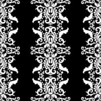 Ornate white pattern on a black background. Seamless pattern, vertical damask ornament. Lace pattern. Black and white color. Vector graphic vintage pattern. For fabric, tile, wallpaper or packaging.