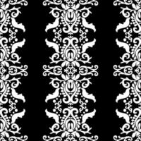 Ornate white pattern on a black background. Seamless pattern, vertical damask ornament. Lace pattern. Black and white color. Vector graphic vintage pattern. For fabric, tile, wallpaper or packaging.