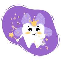 Cute cartoon tooth fairy with a magic wand and wings with magic stars. Tooth fairy in a flat style. Lilac, gold, white color. Tooth fairy on white background for concept design. vector