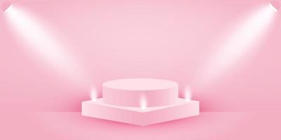 Pink podium 3d for presentation. Pink banner with geometric stage pedestal and soft light to showcase cosmetics and other product. Pastel vector background.