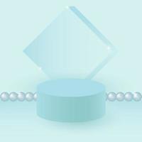 Blue 3d cylindrical stage podium or pedestal. Minimal product presentation platform against the backdrop of an abstract composition with pearls. Pastel vector background.