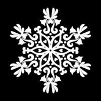 mandala con motivos florales. adorno redondo blanco como un copo de nieve sobre un fondo negro. en blanco y negro. patrones mehndi. para tela, papel pintado, patrón veneciano, textil, embalaje. vector