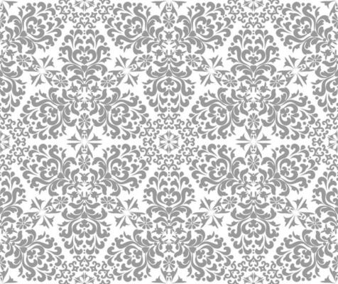 Silver Stylish Damask Seamless Vector Pattern. Silver, gray and white color. For fabric, wallpaper, venetian pattern,textile, packaging.