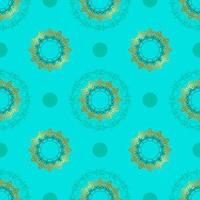 Seamless turquoise background with circular oriental patterns and gold. Patterned lace texture. Vector illustration.