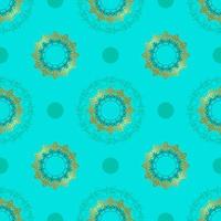 Seamless turquoise background with circular oriental patterns and gold. Patterned lace texture. Vector illustration.