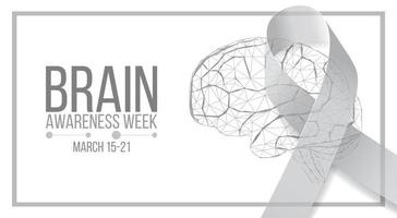 Brain awareness week concept. Banner template with low poly brain, grey ribbon and text. Vector illustration