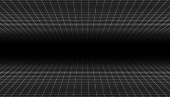 Wireframe perspective grid. White infinity mesh on black background, Abstract retro style. Vector illustration.