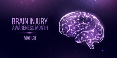 Brain injury awareness month concept with glowing low poly brain. Wireframe low poly style. Abstract modern 3d vector illustration on dark blue background.