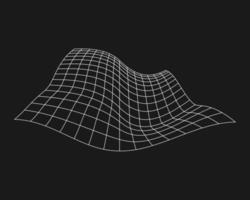 Cyber distorted grid, retro punk design element. Wireframe wave geometry grid on black background. Vector illustration