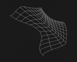 Cyber distorted grid, retro punk design element. Wireframe wave geometry grid on black background. Vector illustration