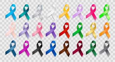 Set of realistic different color ribbon awareness ribbons. vector