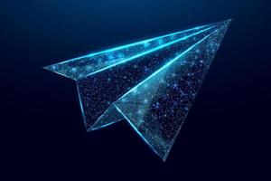 Polygonal paper plane. Business startup, innovation, growth, travel, way forward freedom concept. Wireframe low poly plane. Isolated on dark blue background. Vector illustration