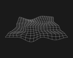 Cyber distorted grid, retro punk design element. Wireframe wave geometry grid on black background. Vector illustration