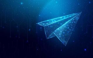 Polygonal paper plane. Business startup, innovation, growth, travel, way forward freedom concept. Wireframe low poly plane. Isolated on dark blue background. Vector illustration.