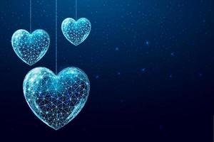 Wireframe hearts in low poly style. Happy Valentine's day banner. Abstract modern 3d vector illustration on dark blue background