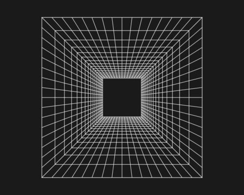 Cyber grid, retro punk perspective rectangular tunnel. Grid tunnel geometry on black background. Vector illustration.